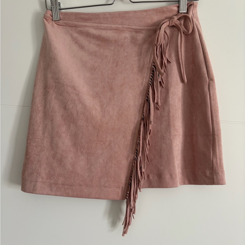 Kittenish Blush Fringe Mini Skirt